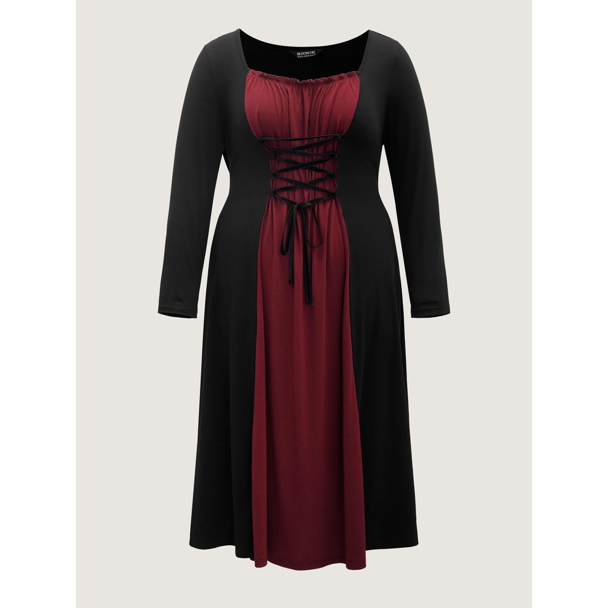 Plus Size Stretchy Knit Adjustable Tie Frill Trim Midi Dress Black Women Cocktail Wraparound straps Party Curvy Bloomchic 22-24/3X Product Image