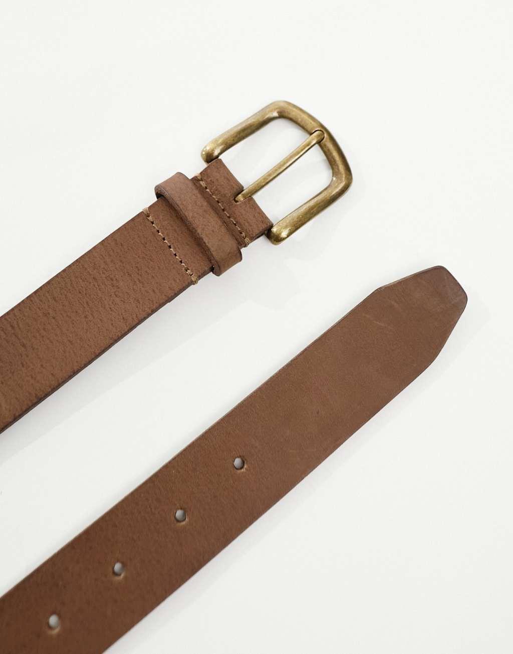 ASOS DESIGN leather belt with burnished gold buckle Product Image