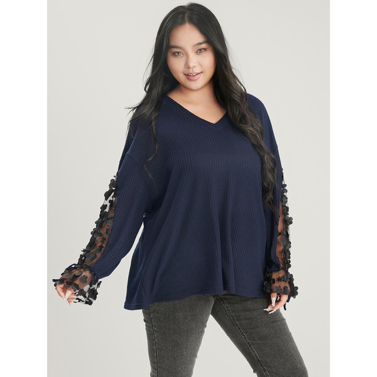 Plus Size Solid Mesh Lantern Sleeve V Neck Rib Knit Sweatshirt Women Indigo Elegant Patchwork V-neck Dailywear Sweatshirts BloomChic 26/4X Product Image