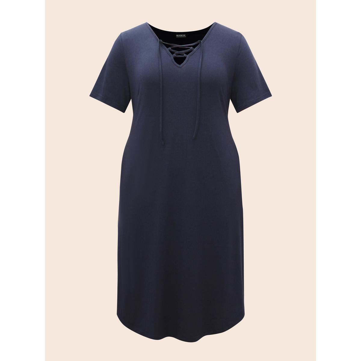 Plus Size Solid Lace Up Pocket Midi Dress Indigo Women Casual Wraparound straps V-neck Short sleeve Curvy BloomChic 18-20/2X Product Image