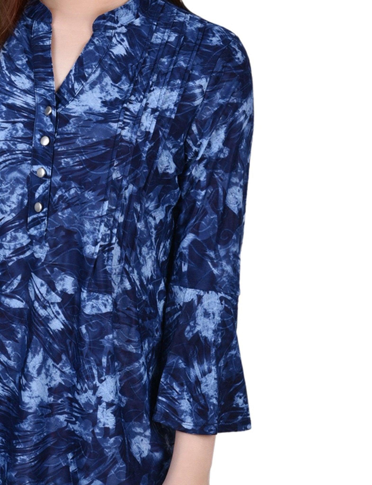 Denim Tie Dye 3/4 Bell Sleeve Pleat Front Y Neck Top Product Image