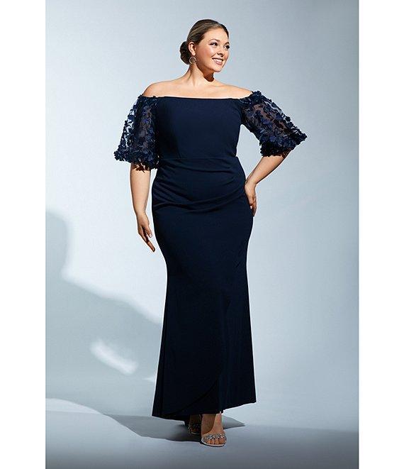 Xscape Plus Size 3D Floral Applique Scuba Crepe Off-the-Shoulder Short Puffed Sleeve Sheath Gown Product Image