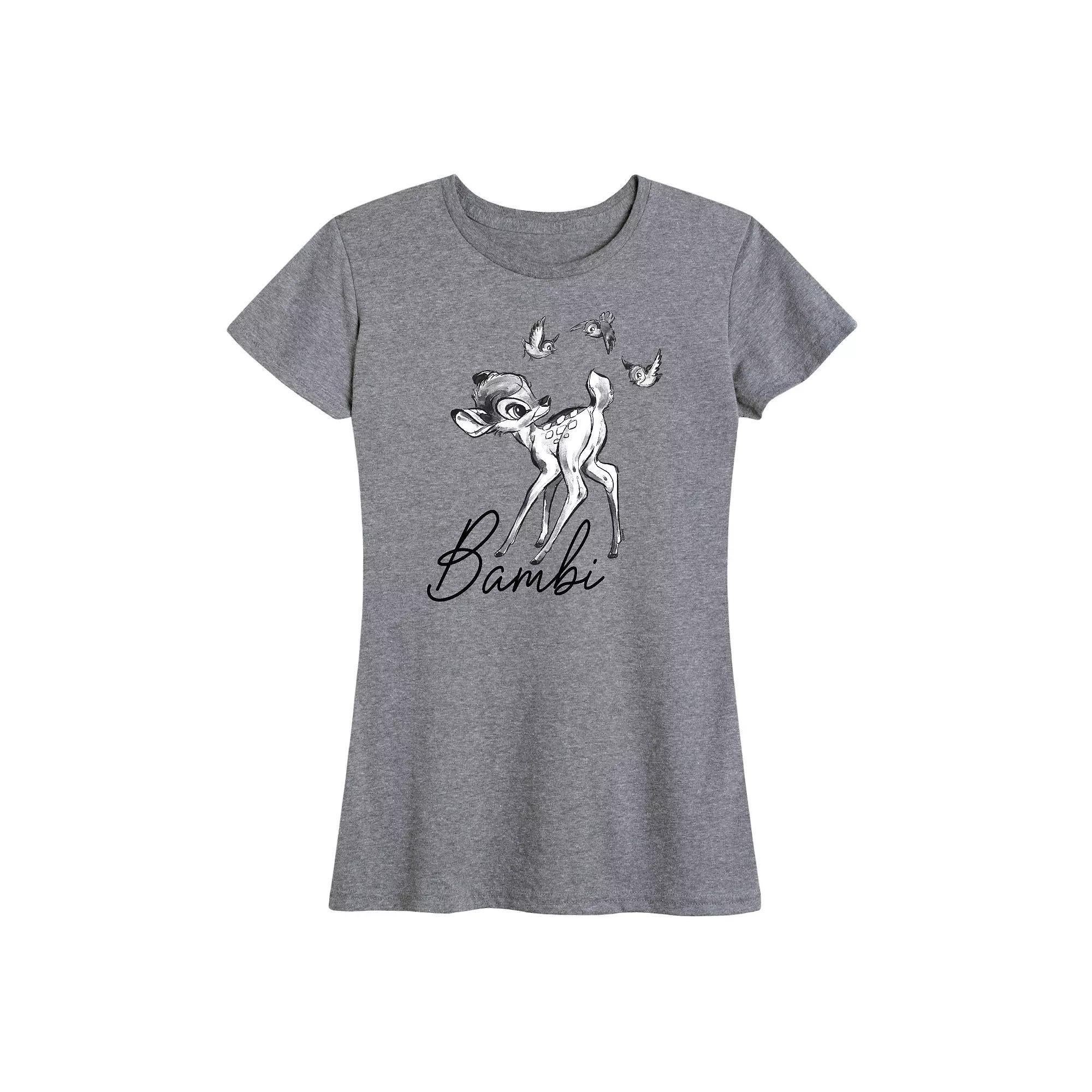 Disneys Bambi Womens Black White Watercolor Graphic Tee Grey Dark Red Product Image
