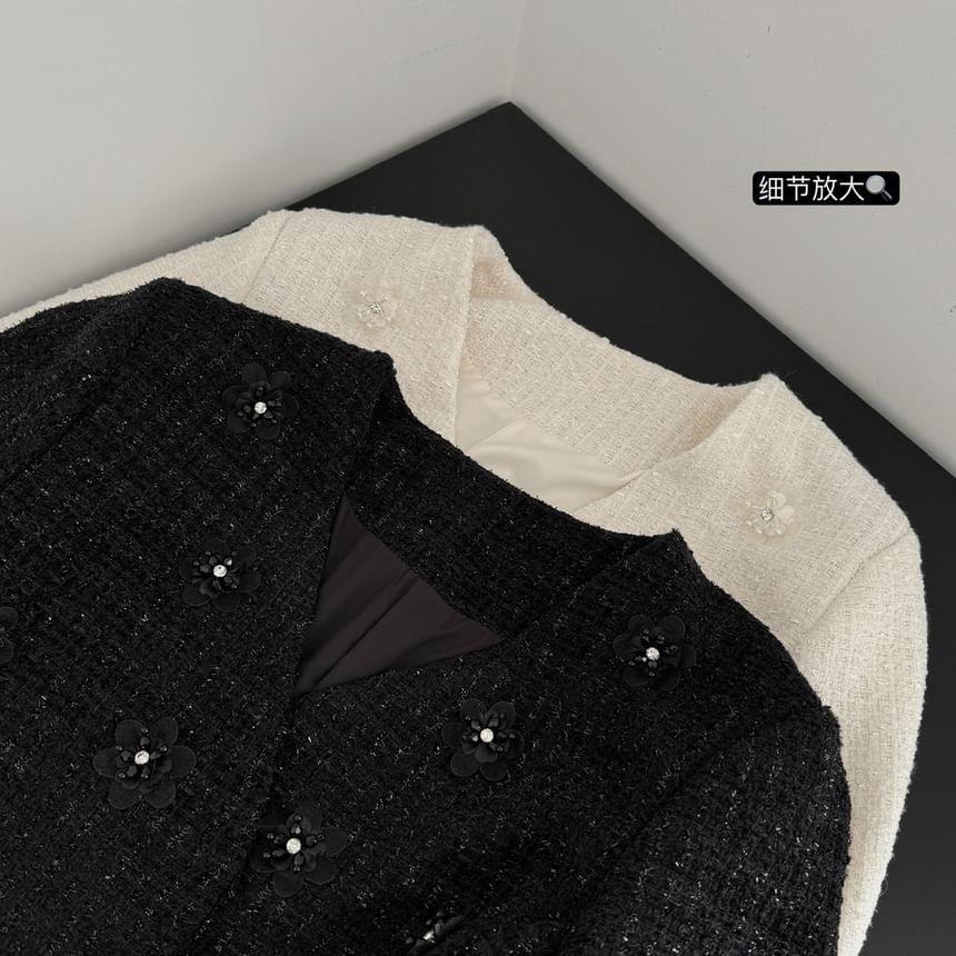 V-Neck Double Breasted Tweed Crop Jacket Product Image