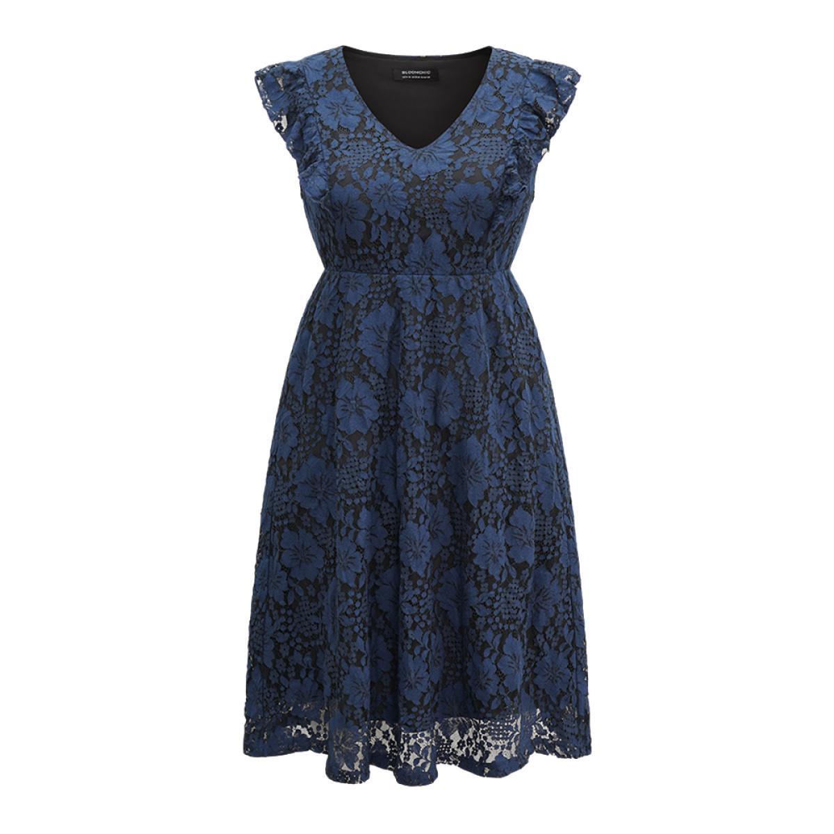 Plus Size Eyelet Lace Pocket Ruffle Trim Sleeveless Dress Black Women Glamour Lace V-neck Sleeveless Curvy Midi Dress BloomChic 18-20/2X Product Image