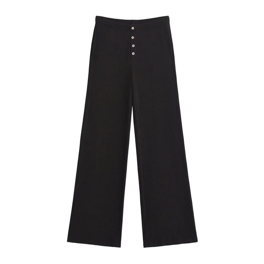 Mid Rise Plain Knit Wide Leg Pants Product Image