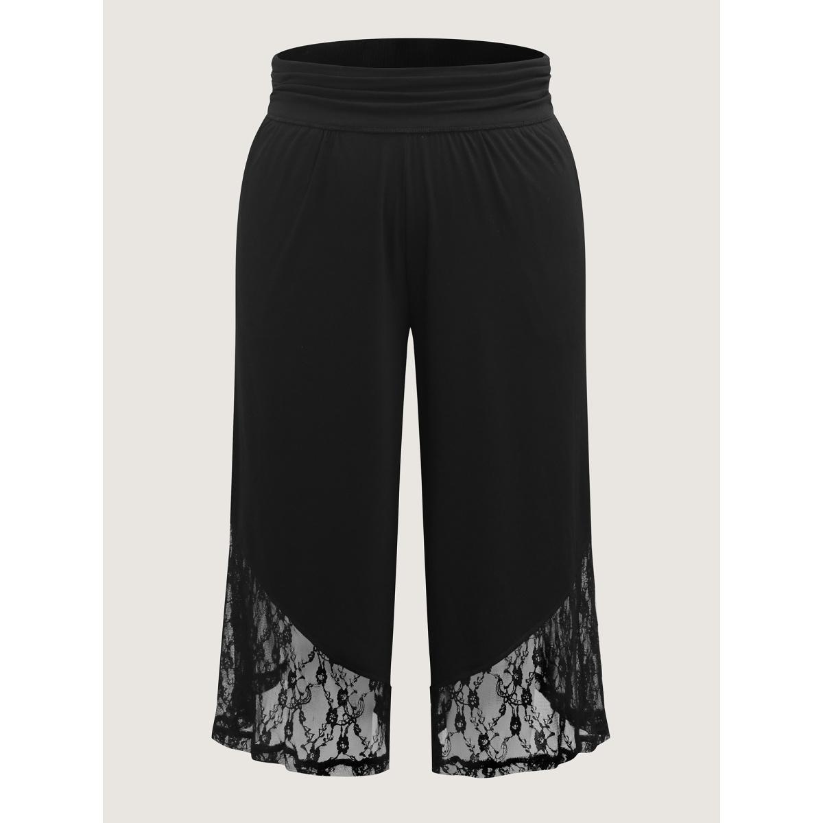 Plus Size Wide Waist Sheer Lace Wide-Leg Pants Women Black Casual Loose Mid Rise Everyday-Casual Pants BloomChic 10/M Product Image