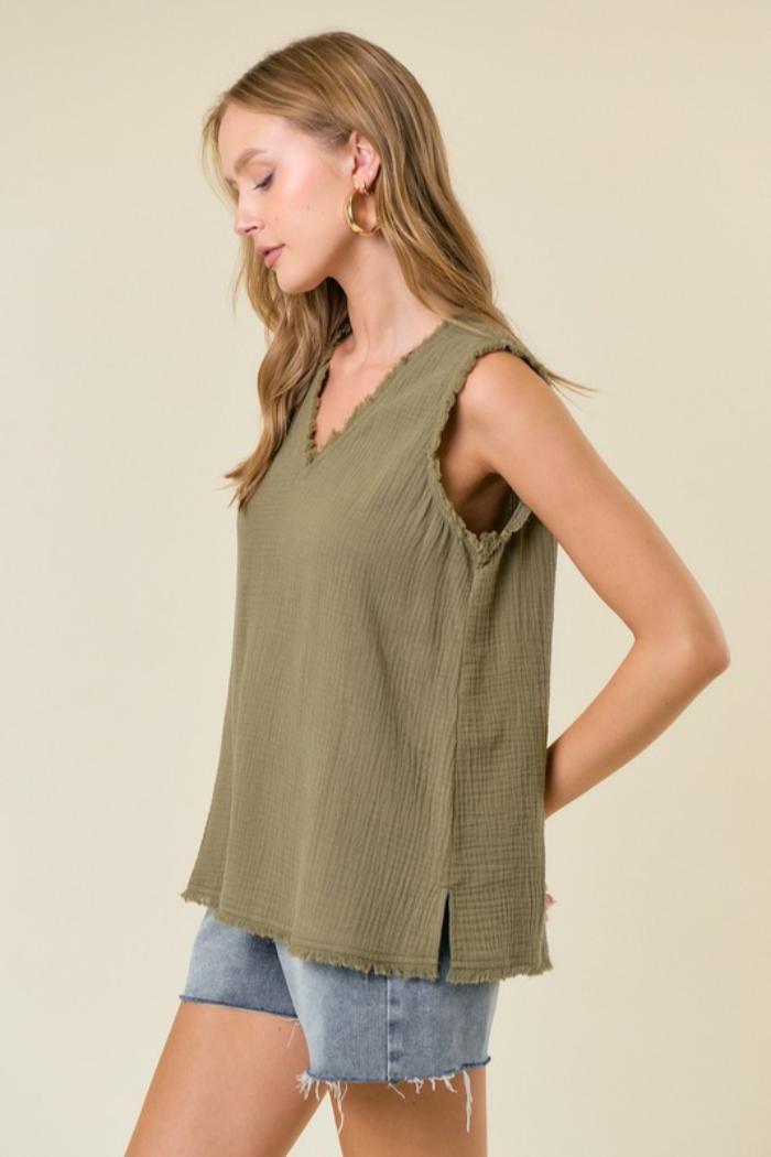 Frayed Hem V Neck Top Product Image