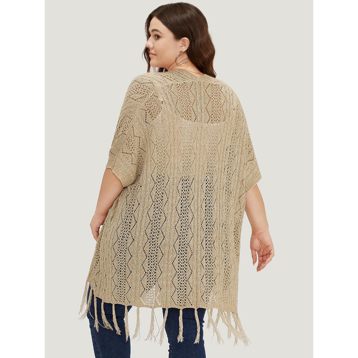 Plus Size Solid Fringe Trim Geometric Eyelet Batwing Sleeve Cardigan Tan Women Casual Loose Long Sleeve Dailywear Cardigans BloomChic 10/M Product Image