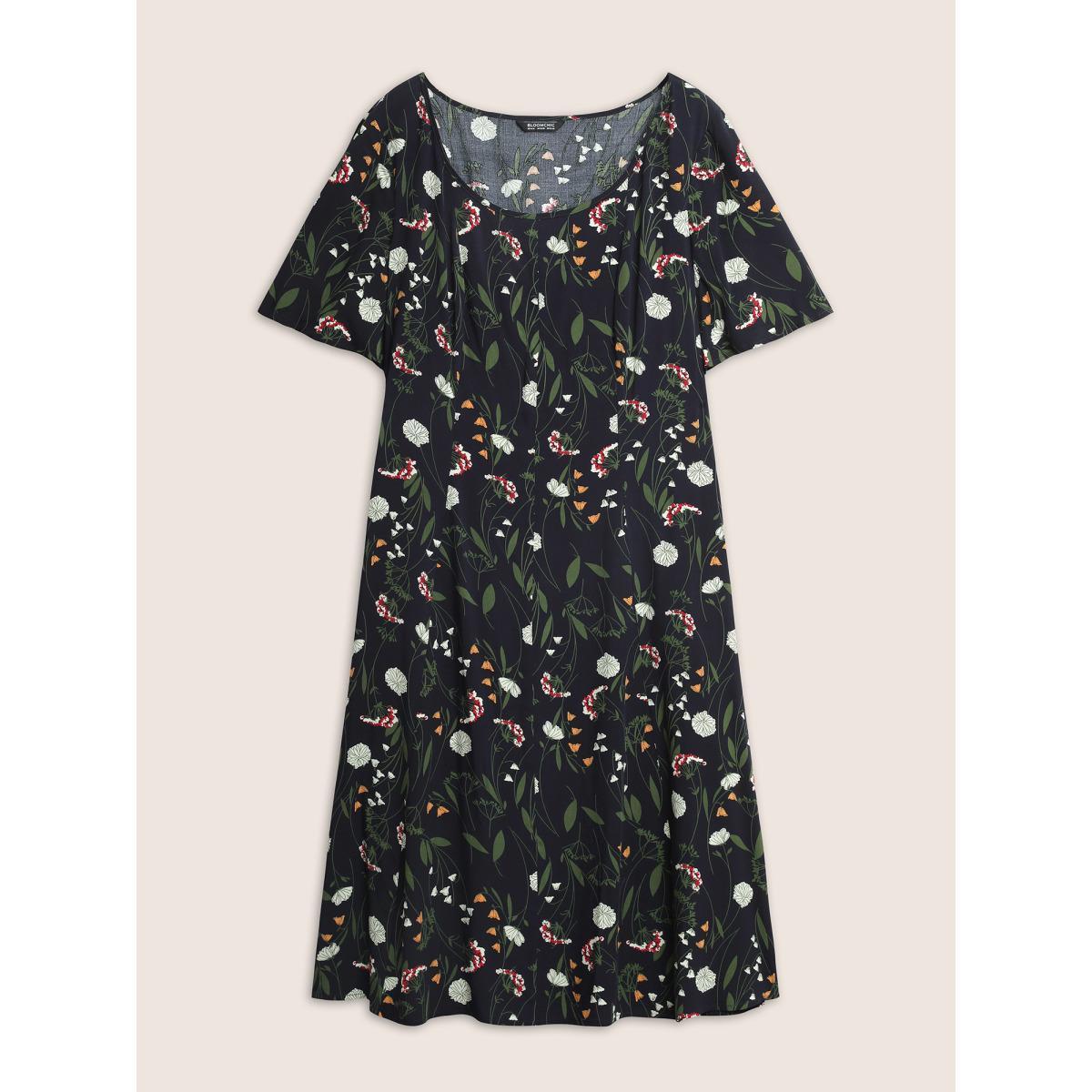 Plus Size Floral Print Patchwork Scoop Neck Dress Indigo Women Elegant Non Short sleeve Curvy Midi Dress BloomChic 12/L Product Image