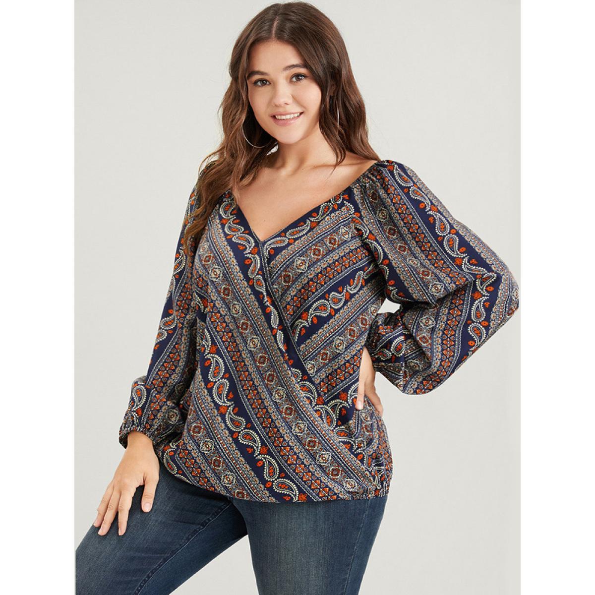 Plus Size DarkBlue Bandana Striped Lantern Sleeve Button Backless Wrap Blouse Women Elegant Long Sleeve V-neck Dailywear Blouses BloomChic 12/L Product Image