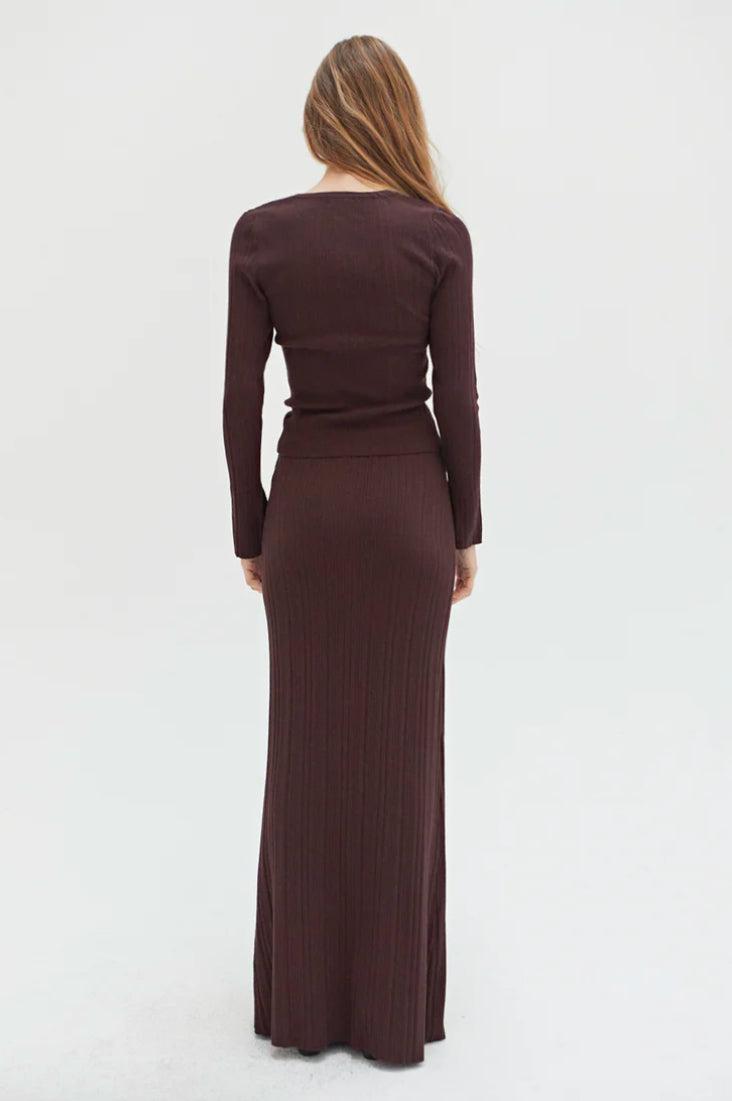 Crescent Ribbed Knit Chocolate Maxi Skirt Product Image