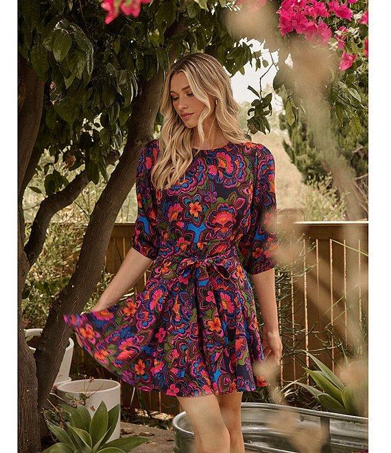 Sugarlips Floral Print Crew Neck Long Sleeve Waist Tie Mini Dress Product Image