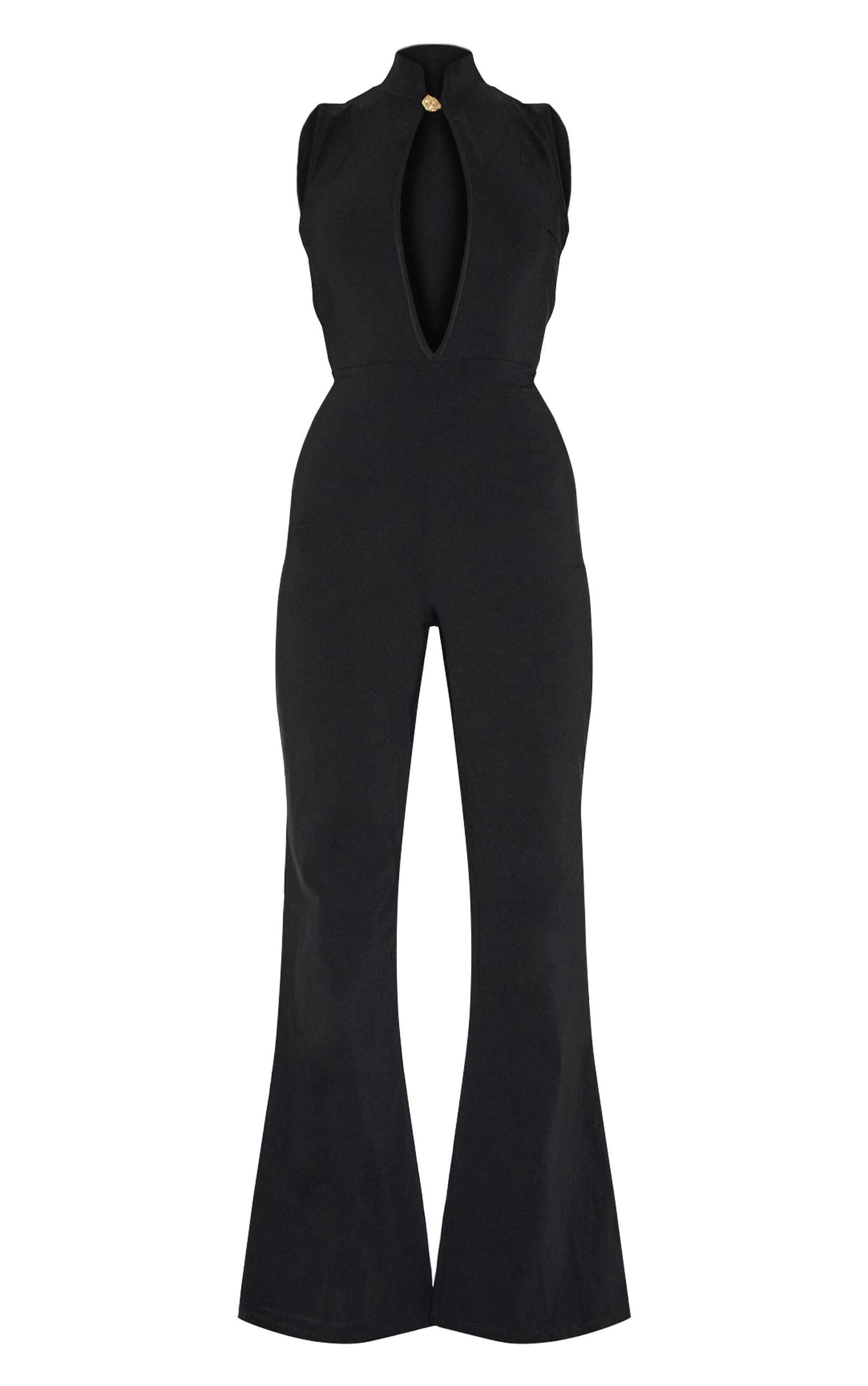 Black Stretch Woven Collared Gold Trim Straight Leg Jumpsuit Product Image