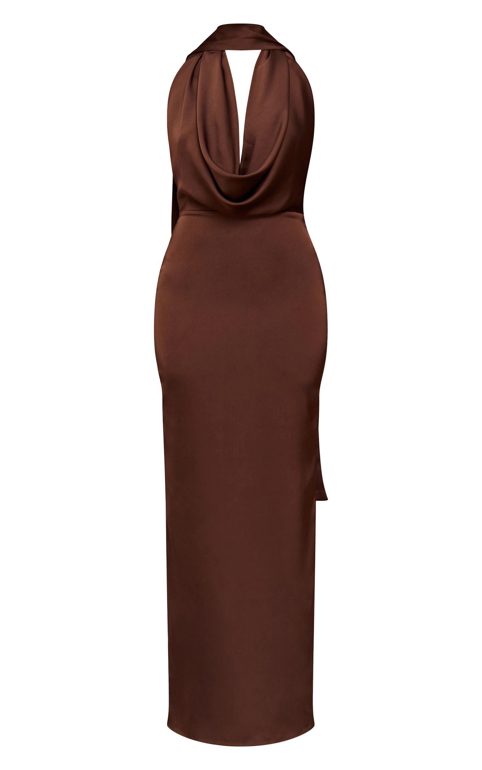 Chocolate Satin Cowl Neck Drape Maxi Dress Product Image