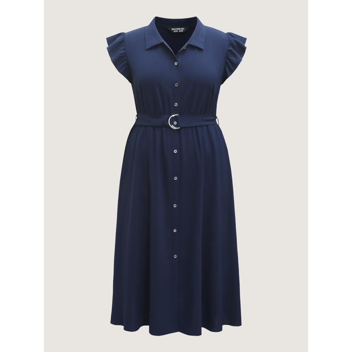 Plus Size Flutter Sleeve Belted Shirt Dress DarkBlue Women Shirt collar Cap Sleeve Curvy BloomChic 28/5X Product Image