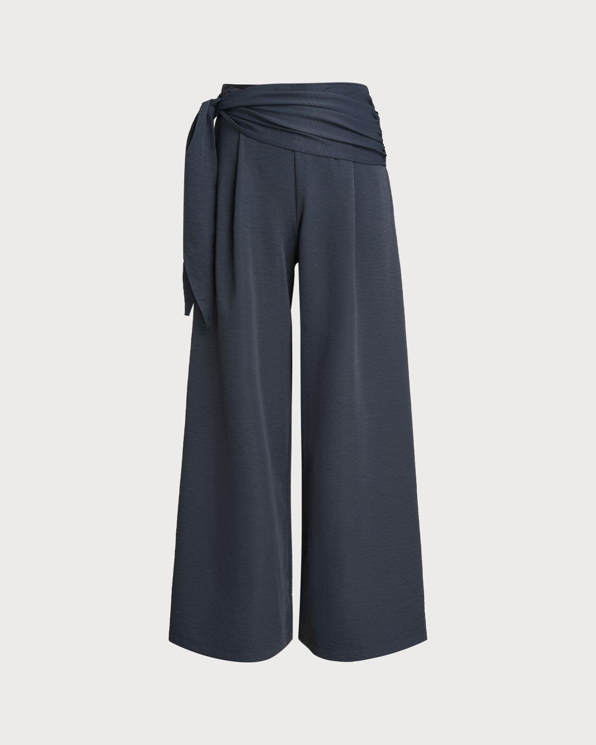 Blue Elastic Waist Casual Wide Leg Pants Product Image