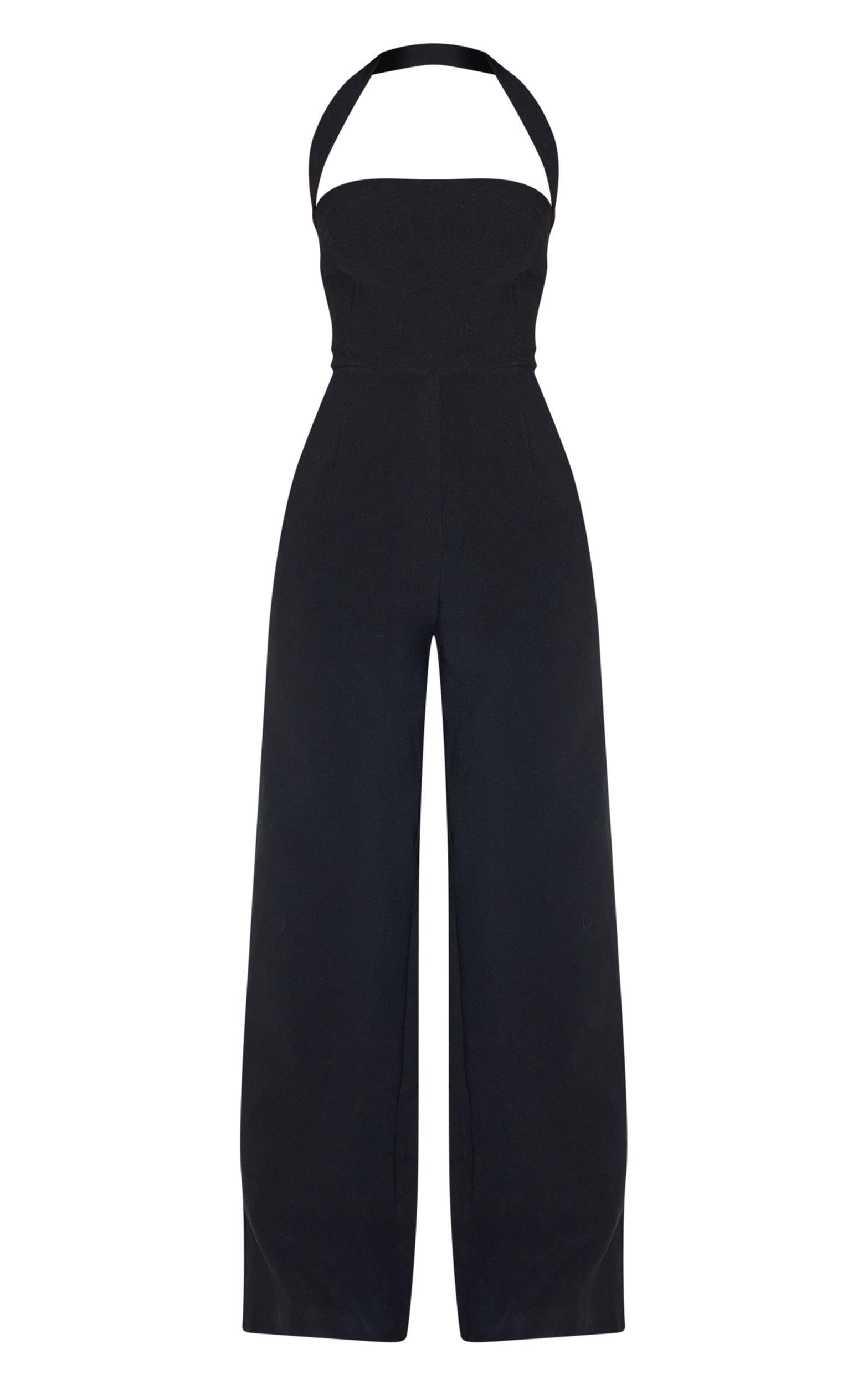 Black Premium Woven Halterneck Straight Leg Jumpsuit Product Image