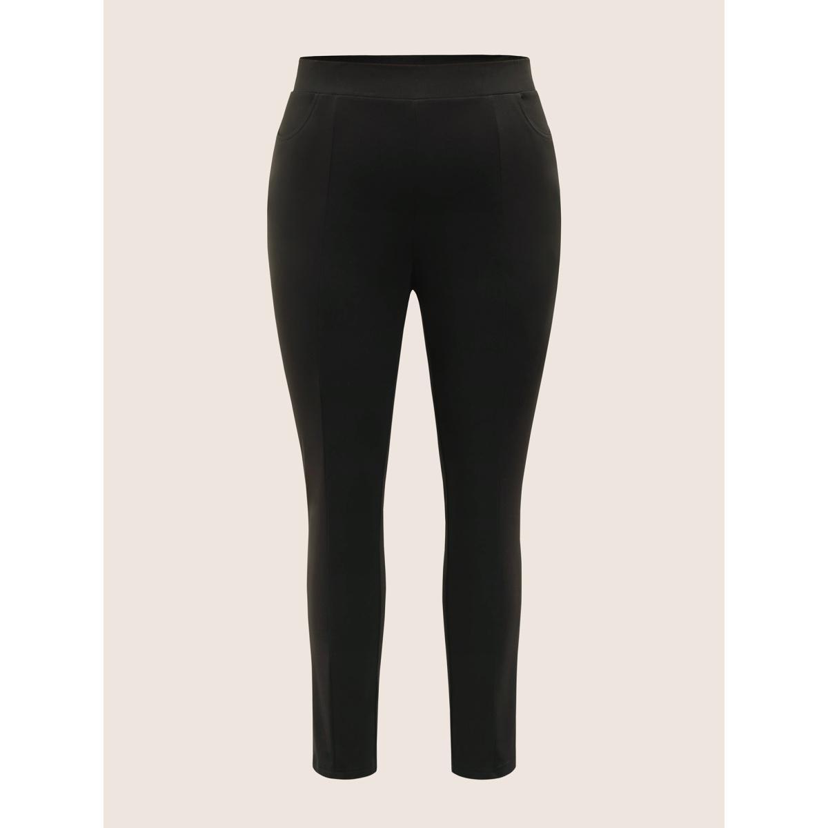Plus Size Plain Elastic Waist High Rise Slim Pants Women Black At the Office High Rise Work Pants BloomChic 18-20/2X Product Image