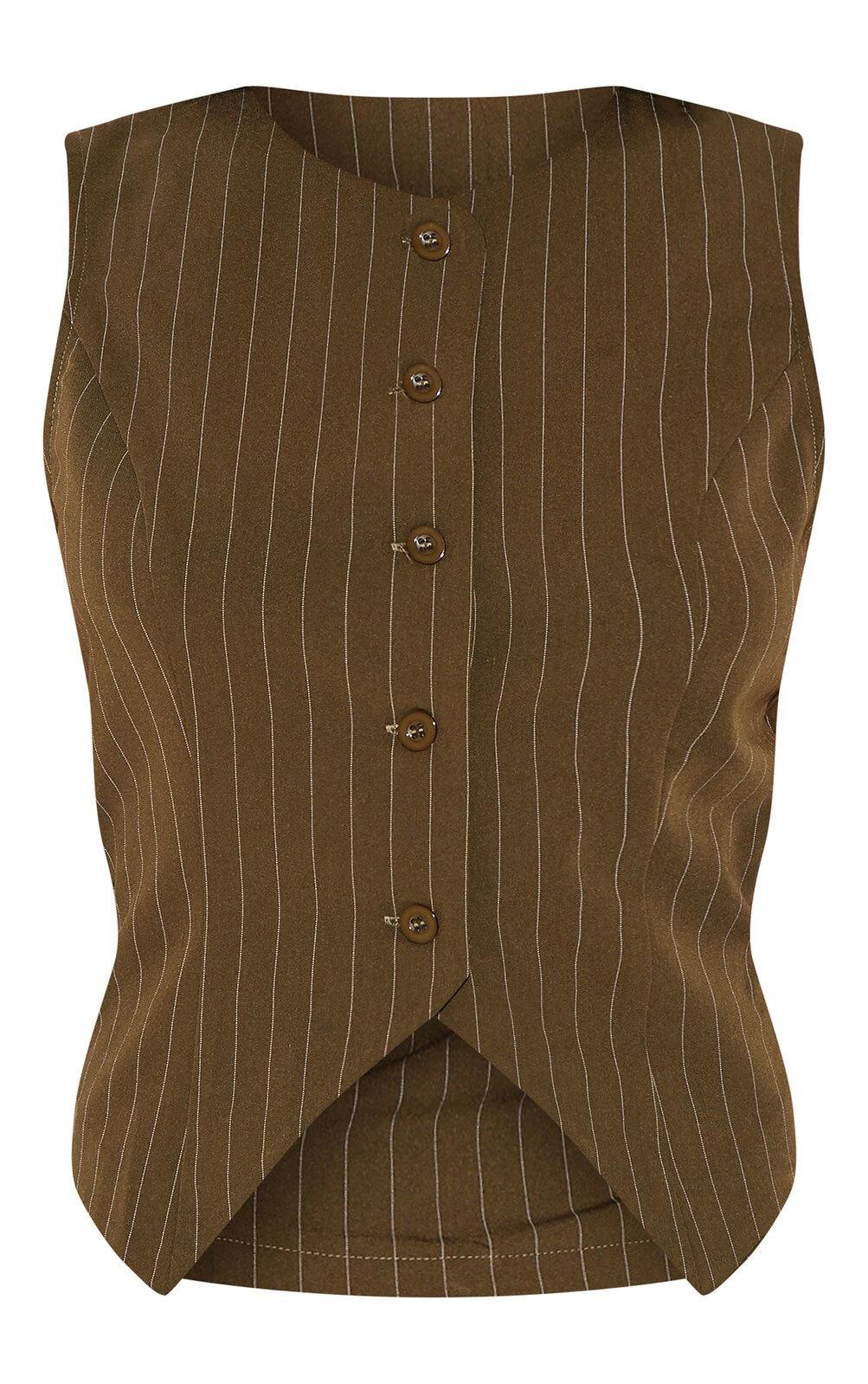 Khaki Tailored Woven Pinstripe Cinched Vest Product Image