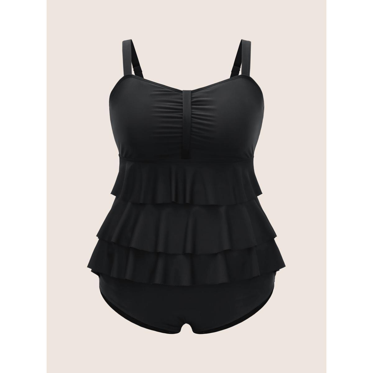 Plus Size Solid Tiered Ruffles Ruched One Piece Swimsuit Women's Swimwear Black Beach Gathered Curve Bathing Suits High stretch One Pieces BloomChic 14-16/1X Product Image
