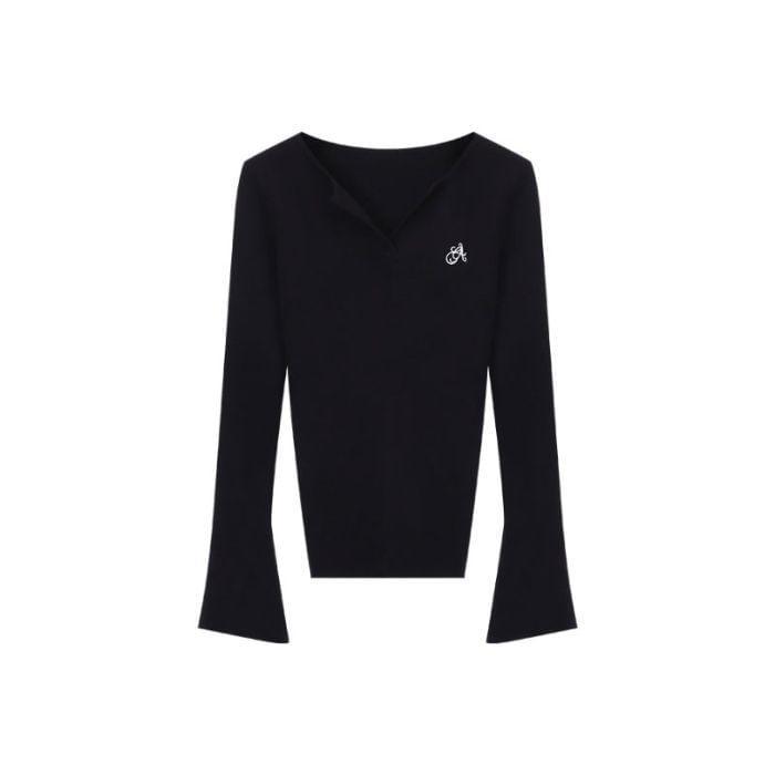 Long Sleeve V-Neck Lettering Embroidered Top / Halter Plain Lace Top Product Image