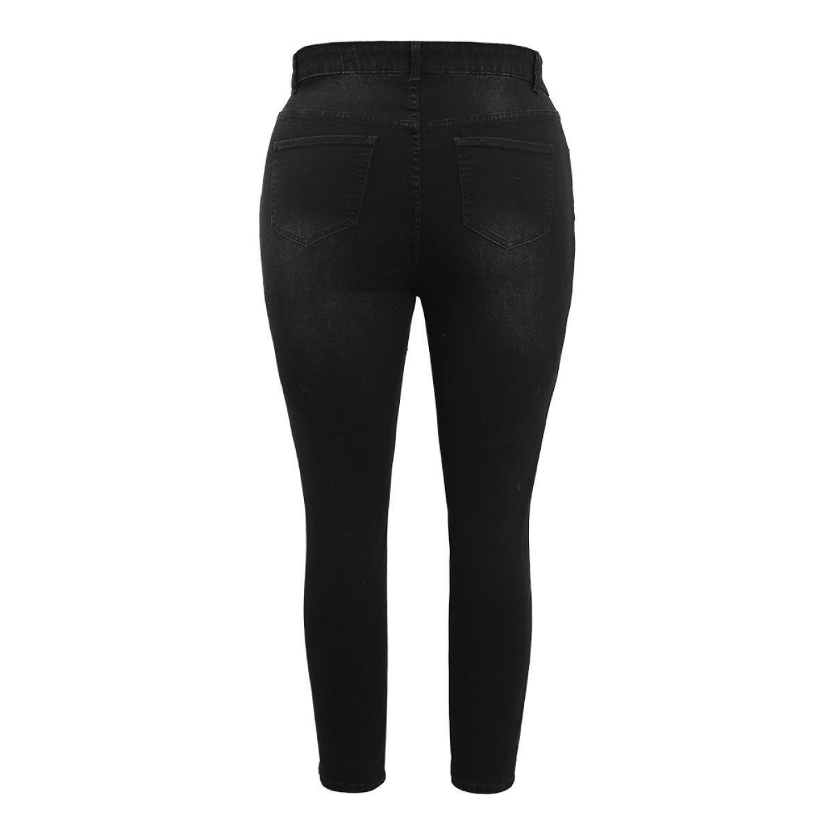 Plus Size Very Stretchy High Rise Black Wash Floral Embroidered Jeans Women Black Casual Plain Embroidered High stretch Pocket Jeans BloomChic 18/2X Product Image