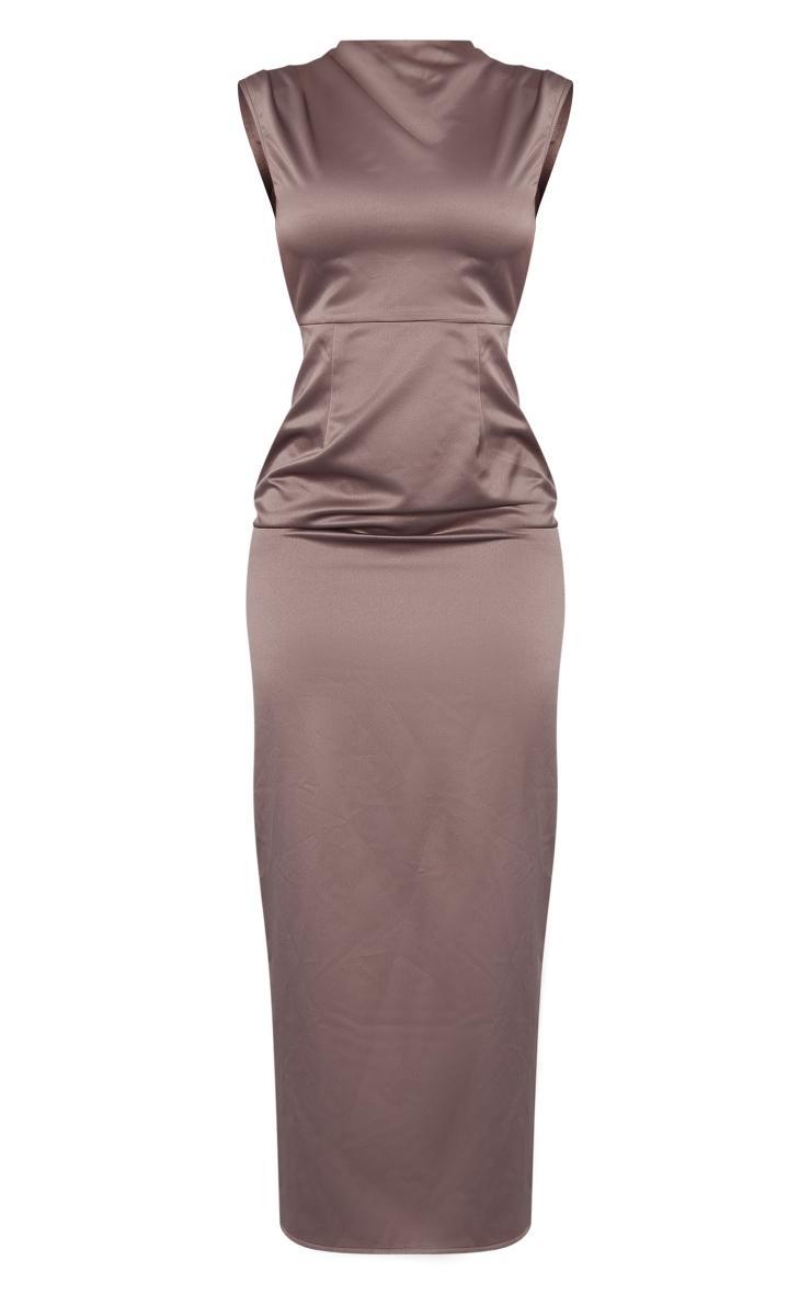 Taupe Satin Cut Out Back Ruched Bum Midaxi Dress Product Image
