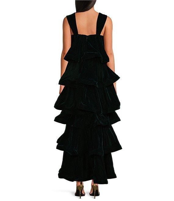 Buru Teagan Velvet Square Neck Wide Strap Tiered Ruffle A-Line Convertible Mini to Maxi Flounce Dress Product Image