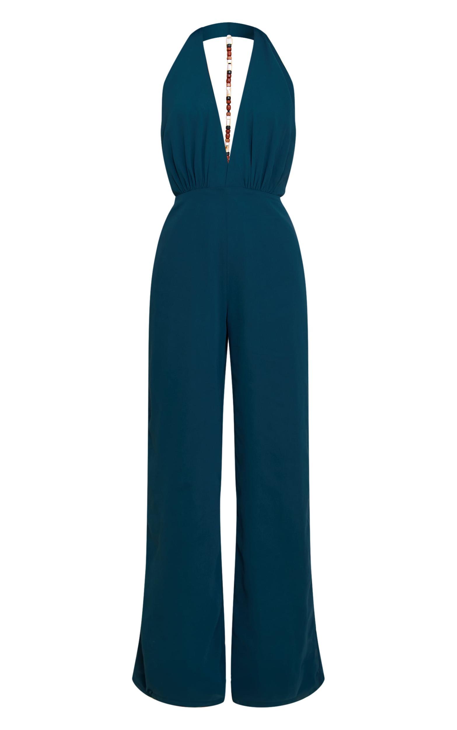 Teal Chiffon Cowl Neck Bead Detail Jumpsuit Product Image