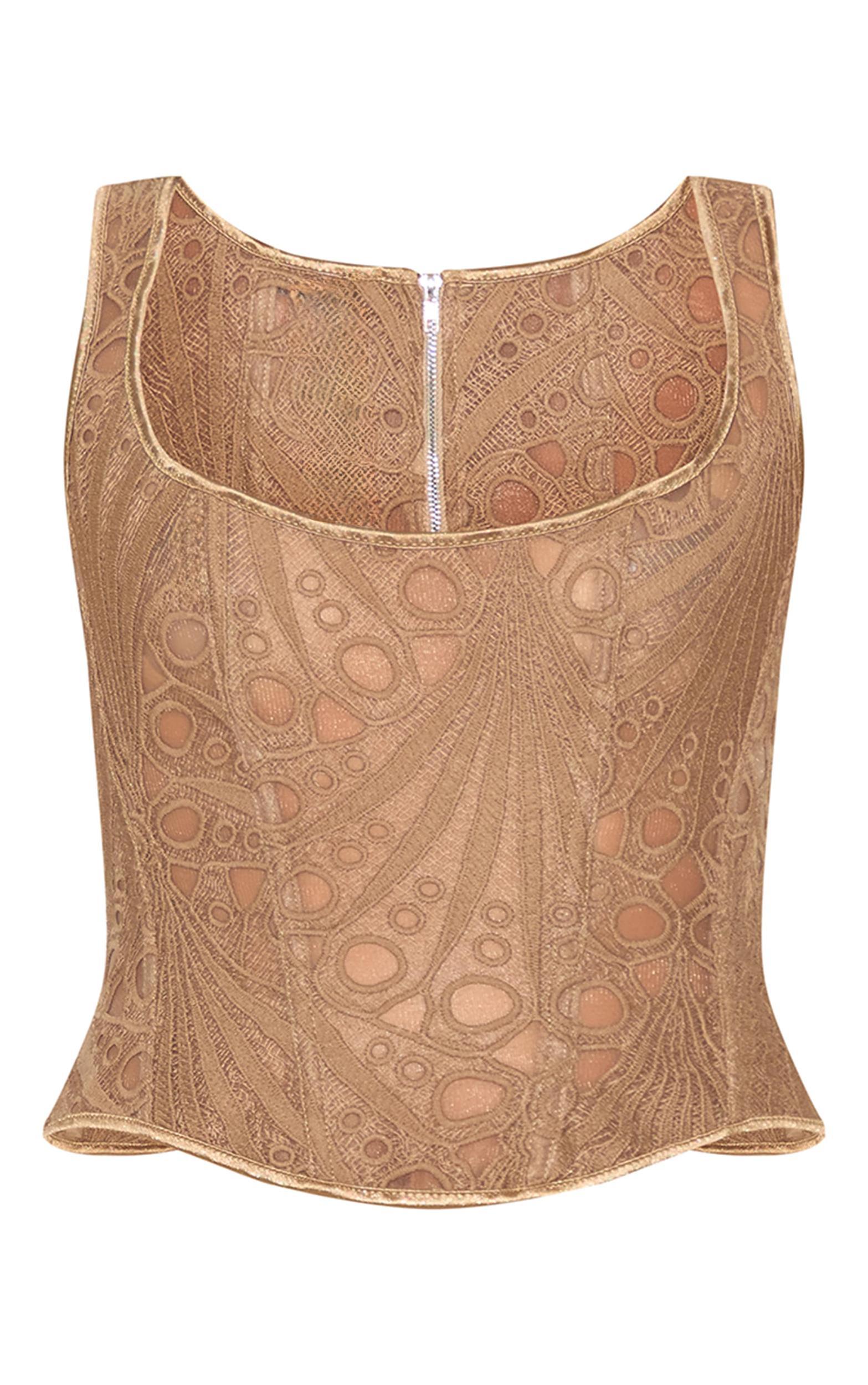 Brown Textured Sheer Floral Square Neck Corset Product Image
