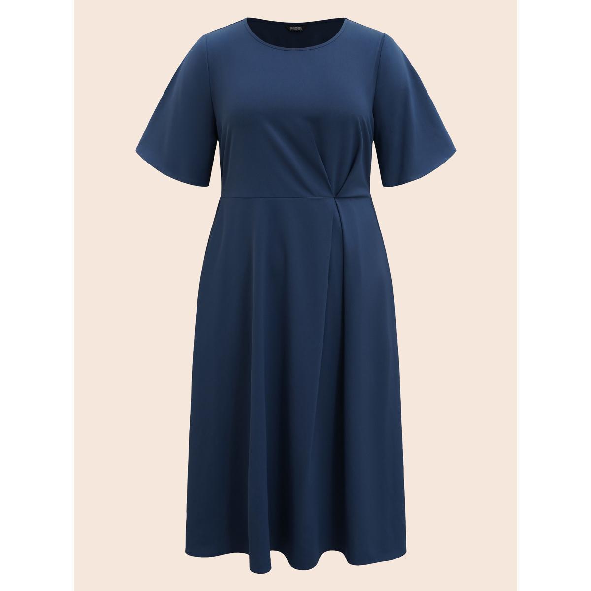 Plus Size Plain Round Neck Plicated Detail Dress Indigo Women Workwear Essentials Pleated Round Neck Half Sleeve Curvy BloomChic 22-24/3X Product Image