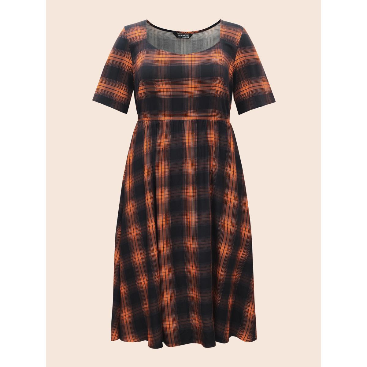 Plus Size Stretchy Plaid Contrast Splicing Midi Dress Brightorange Women Cocktail Non Party Curvy Bloomchic 14-16/1X Product Image
