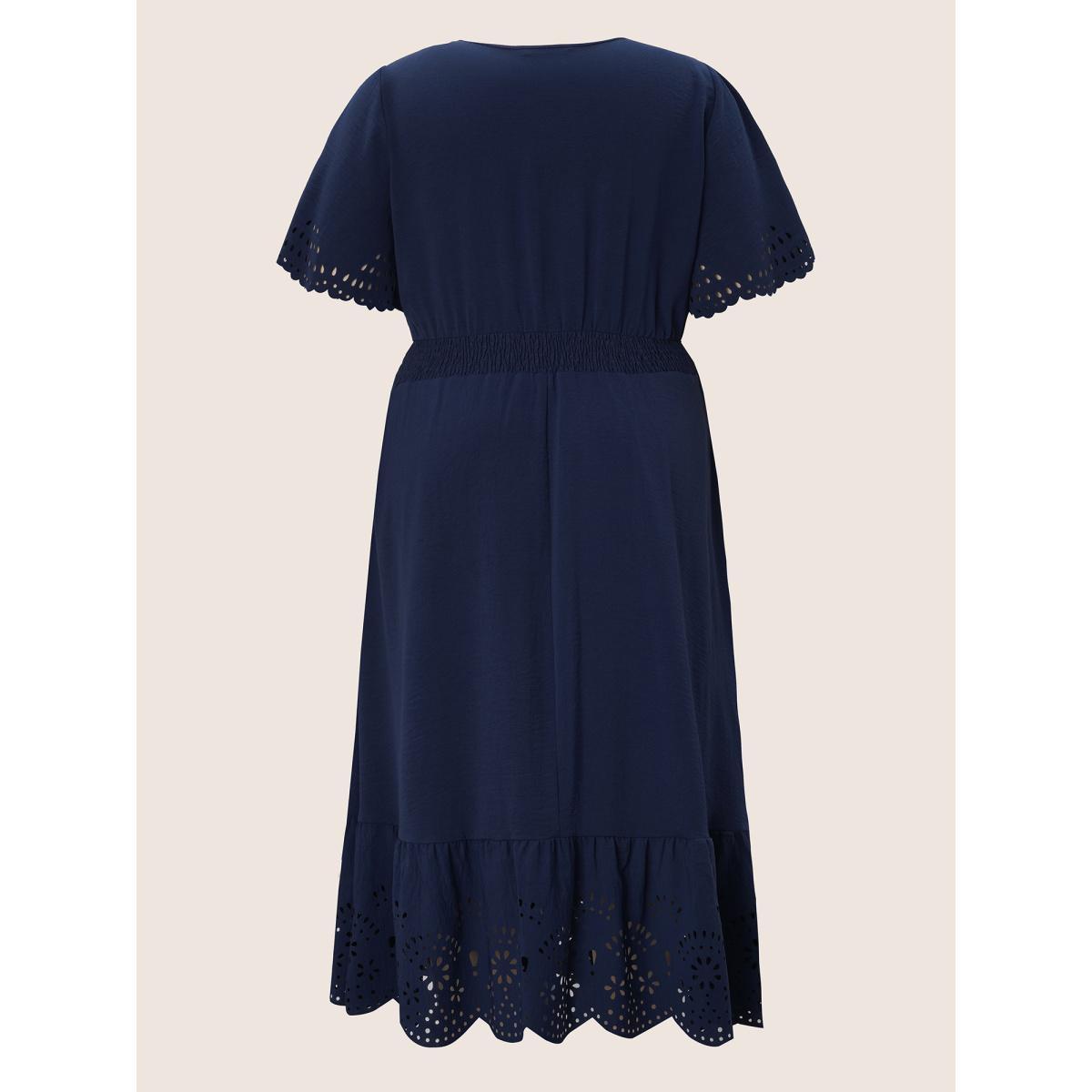 Plus Size Solid Laser Cut Shirred Pocket Wrap Scalloped Trim Flutter Dress Navy Women Elegant Non V-neck Short sleeve Curvy Midi Dress BloomChic 18-20/2X Product Image
