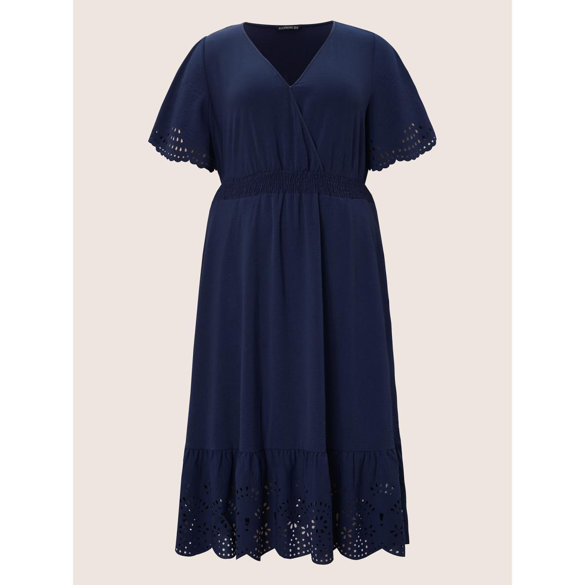 Plus Size Solid Laser Cut Shirred Pocket Wrap Scalloped Trim Flutter Dress Navy Women Elegant Non V-neck Short sleeve Curvy Midi Dress BloomChic 26/4X Product Image