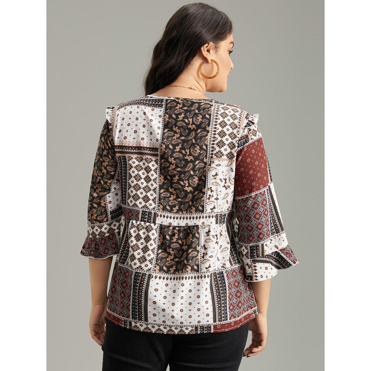 Plus Size Scarlet Moroccan Print Lace Panel Ruffles Frill Trim Blouse Women Vacation Elbow-length sleeve V-neck Vacation Blouses BloomChic 18-20/2X Product Image