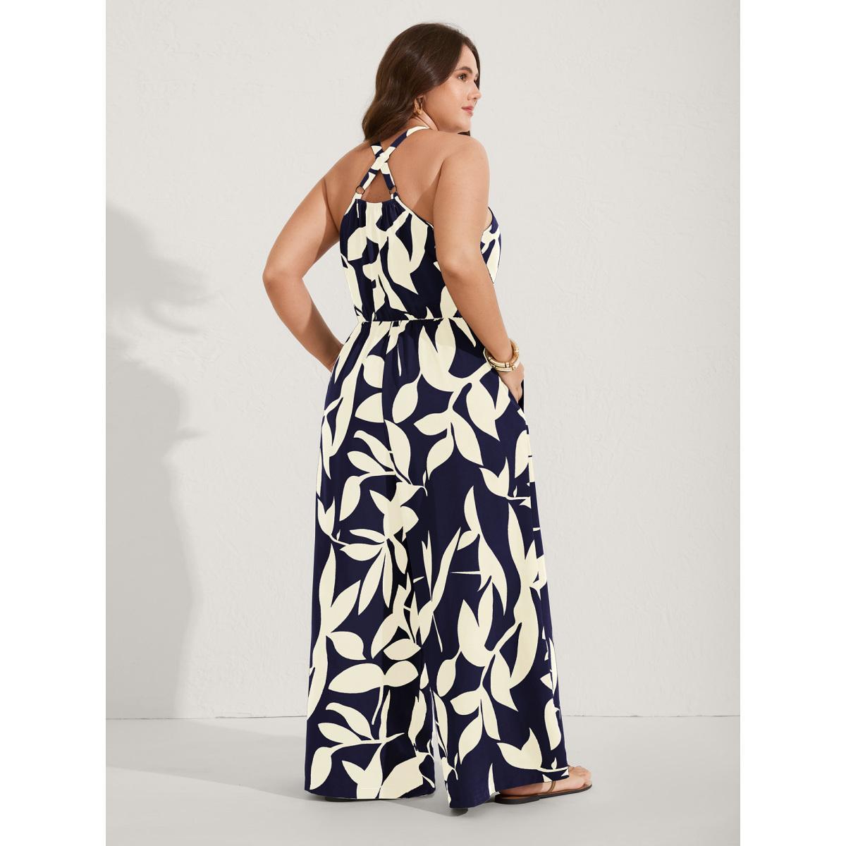 Plus Size Navy Silhouette Floral Print Sweetheart Jumpsuit Women Sleeveless V-neck Everyday-Elegant Loose Jumpsuits BloomChic 14-16/1X Product Image
