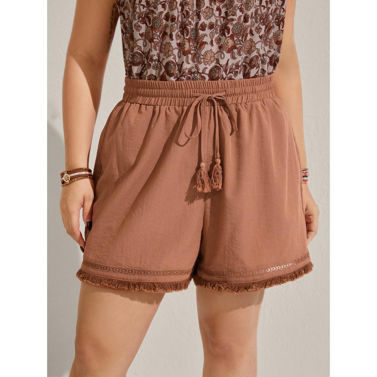 Plus Size Tassel Hem Solid Shorts Women Rust Resort Tassels Wide Leg Vacation Shorts BloomChic 10/M Product Image