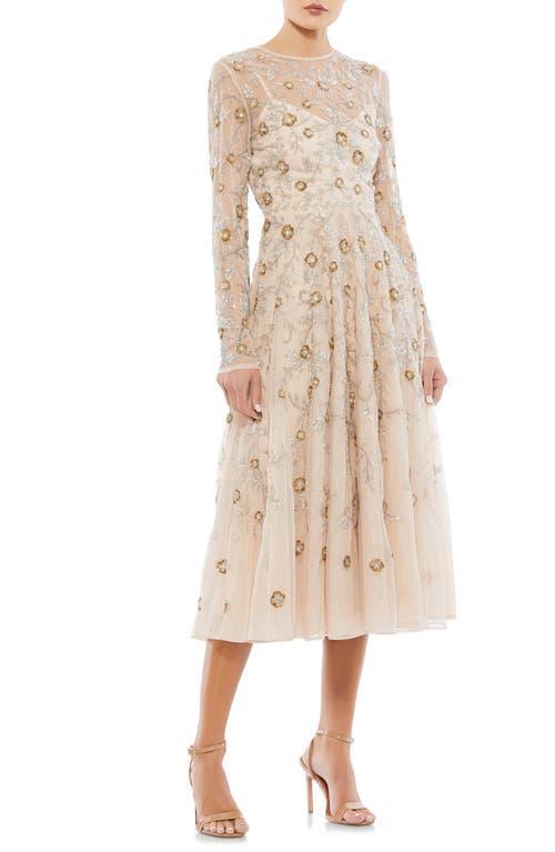 Womens Long-Sleeve Embellished Floral Midi-Dress Product Image