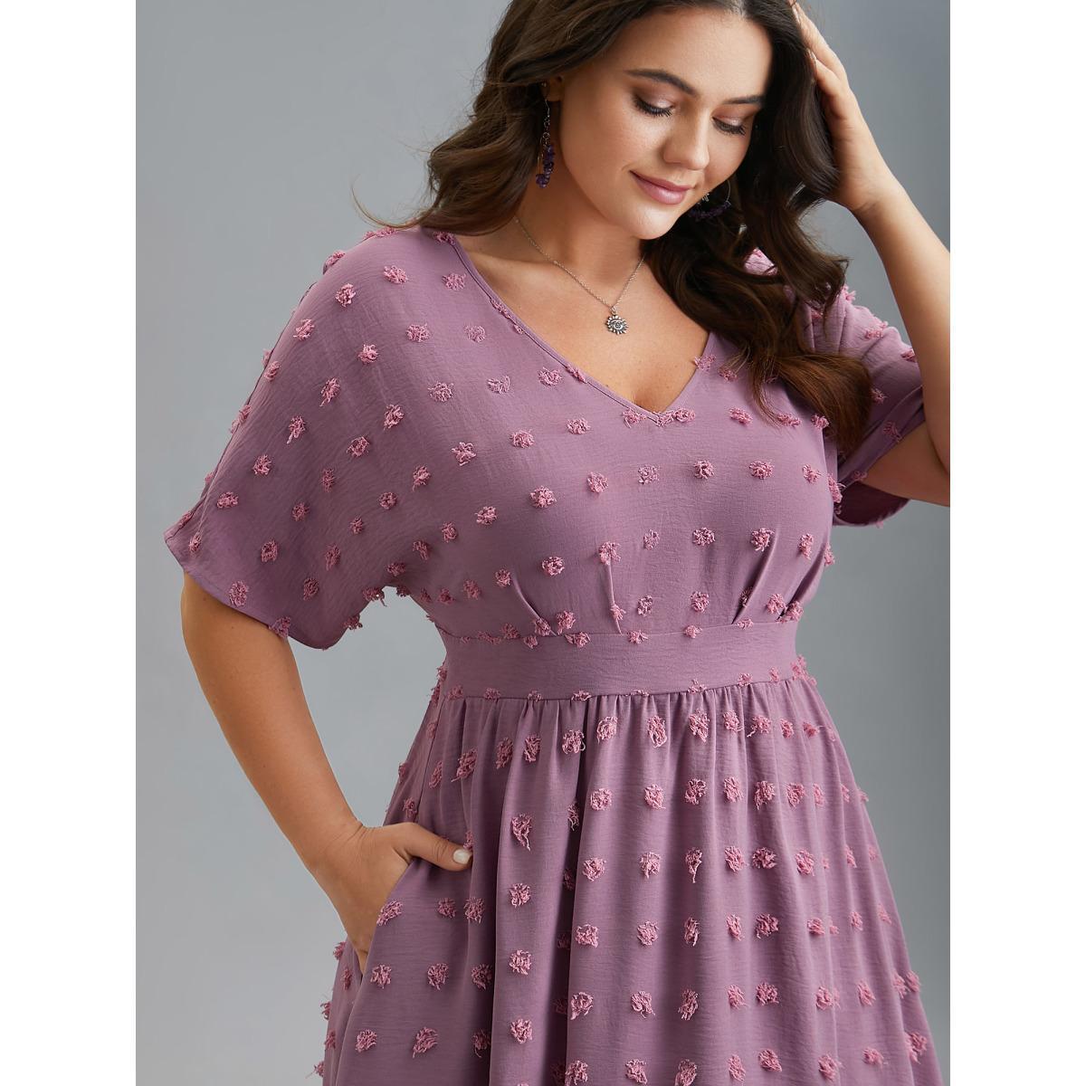 Plus Size V-Neck Textured Batwing Sleeve Midi Dress Lilac Women Resort Texture V-neck Half Sleeve Curvy BloomChic 30/6X Product Image