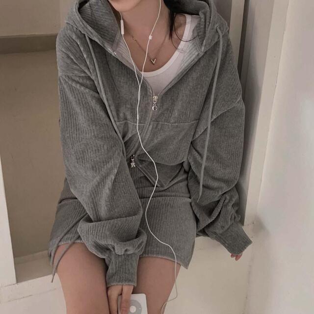 Set: Hooded Corduroy Zip-Up Jacket + Mini Skirt Product Image