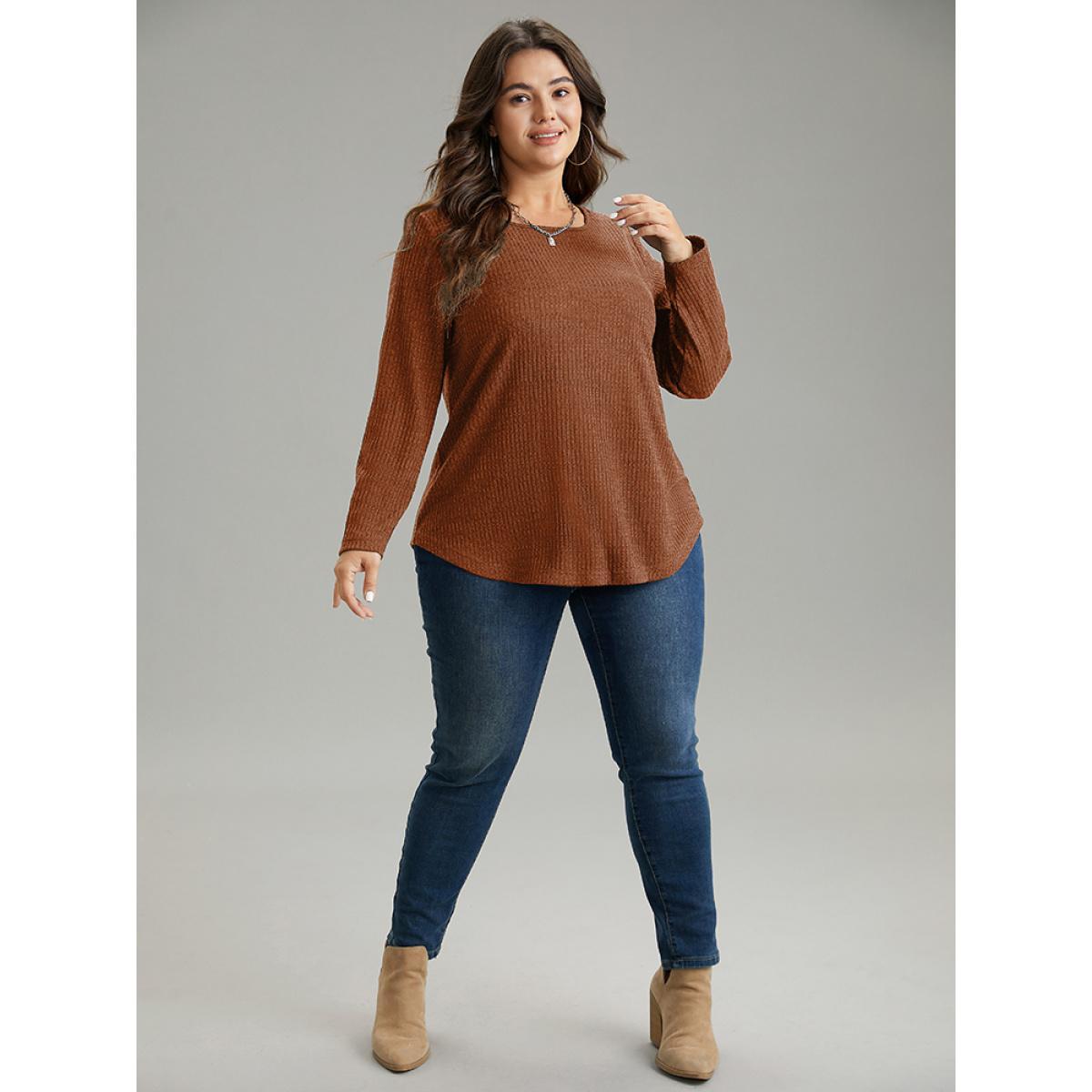 Plus Size Rib Knit Solid Crew Neck Button Detail T-shirt Bronze Women Casual Texture Plain Round Neck Dailywear T-shirts BloomChic 10/M Product Image
