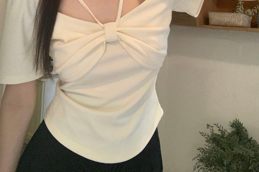 Short-Sleeve Square Neck Plain Bow T-Shirt Product Image