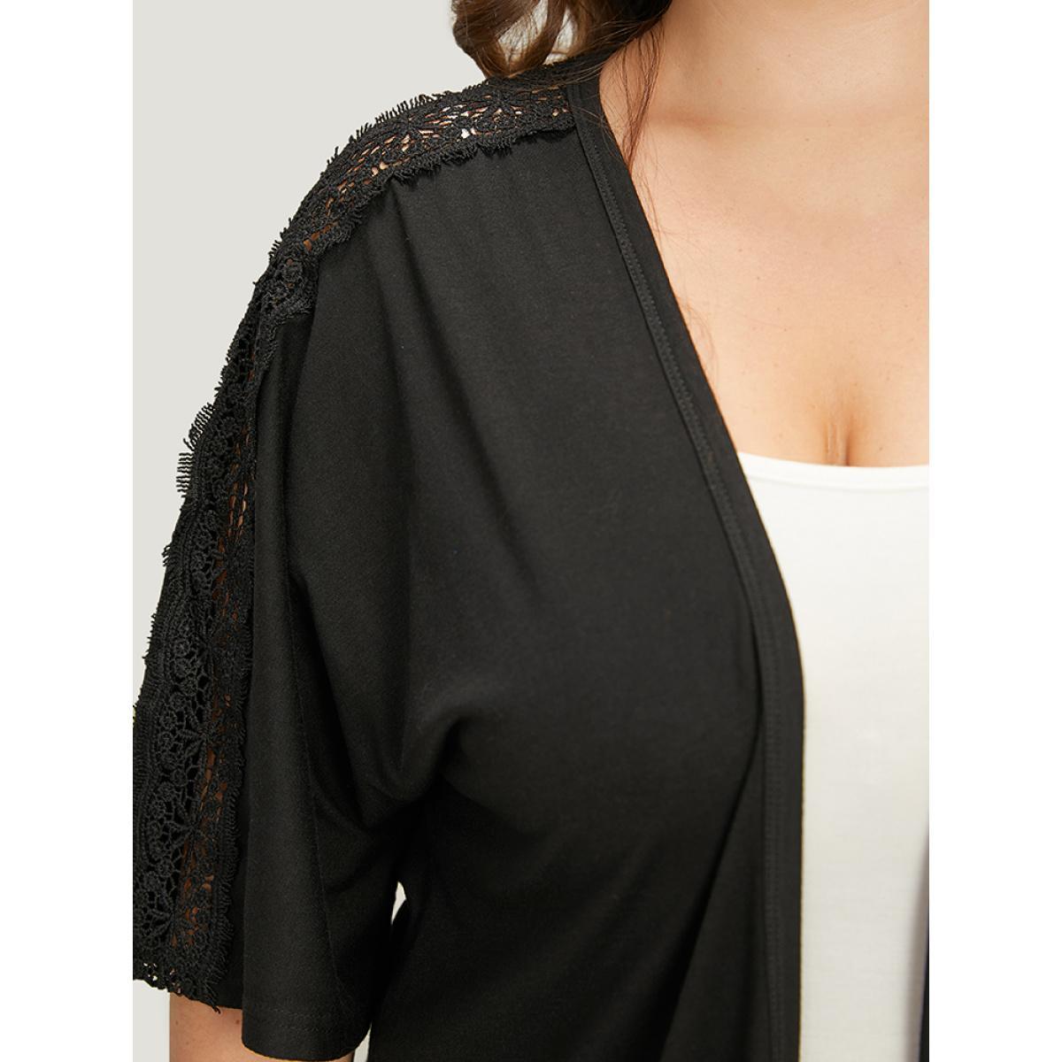 Plus Size Halloween Supersoft Essentials Plain Lace Panel Open Front Kimono Women Black Casual Plain Dailywear Kimonos BloomChic 22-24/3X Product Image