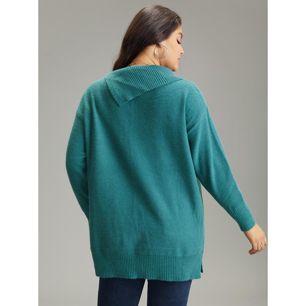 Plus Size Supersoft Essentials Plain Lapel Collar Button Detail Pullover Emerald Women Casual Loose Long Sleeve Lapel Collar Dailywear Pullovers BloomChic 22-24/3X Product Image