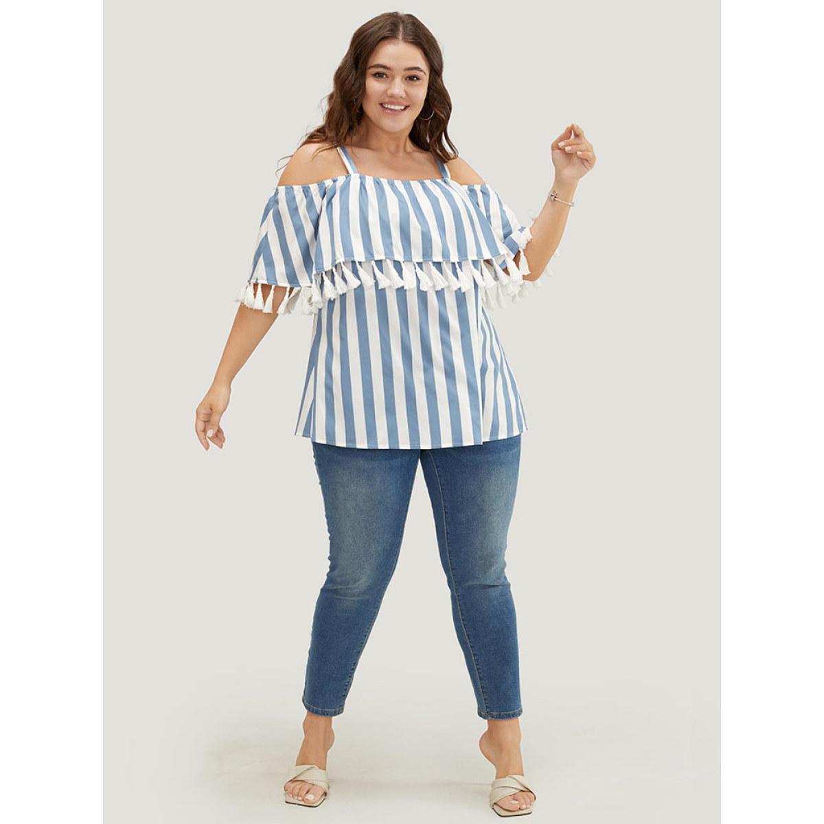 Plus Size LightBlue Striped Print Tassels Trim Cold Shoulder Blouse Women Vacation Sleeveless Cold Shoulder Dailywear Blouses BloomChic 14-16/1X Product Image