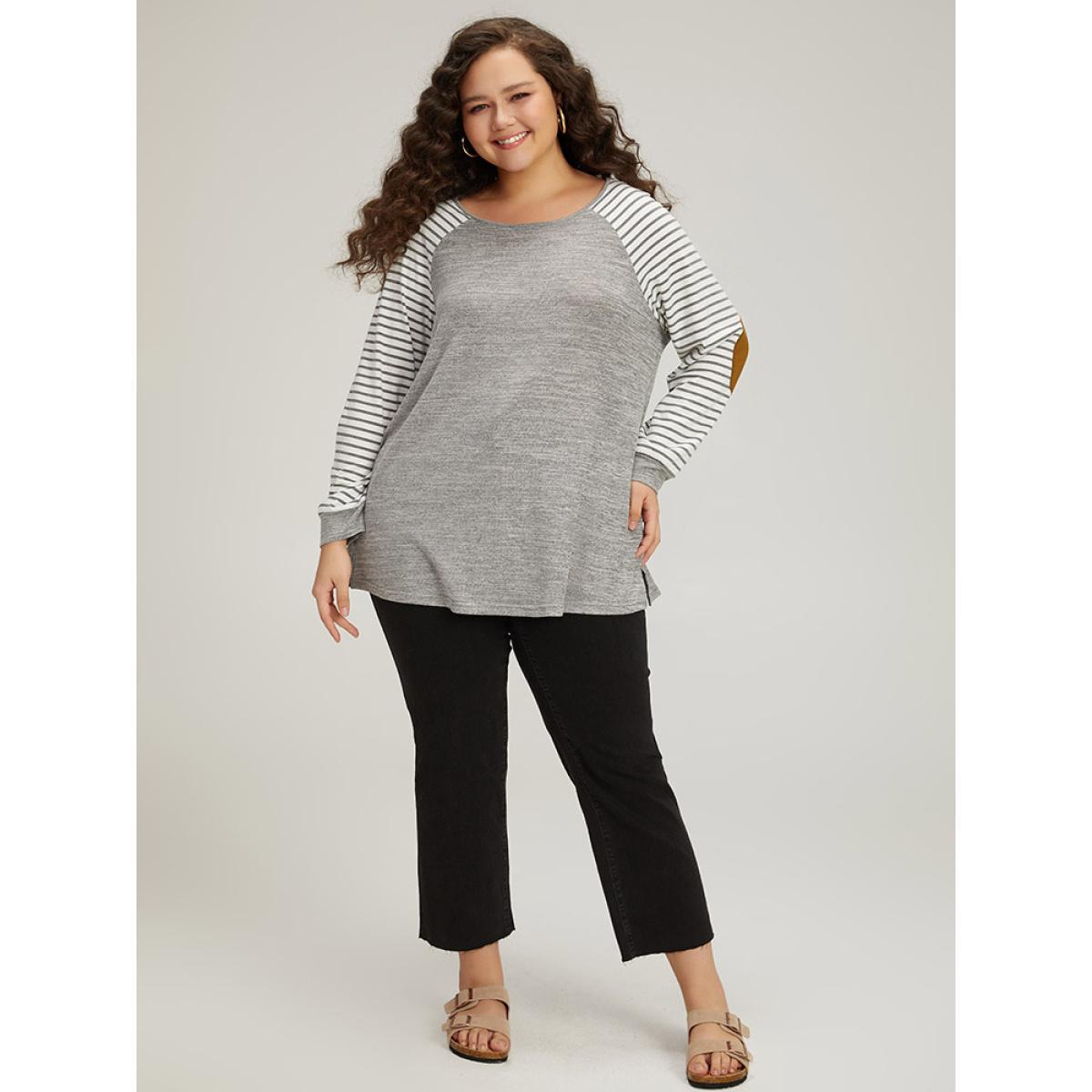 Plus Size Striped Raglan Sleeve Patched Split Side T-shirt Gray Women Casual Contrast Striped Round Neck Dailywear T-shirts BloomChic 28/5X Product Image