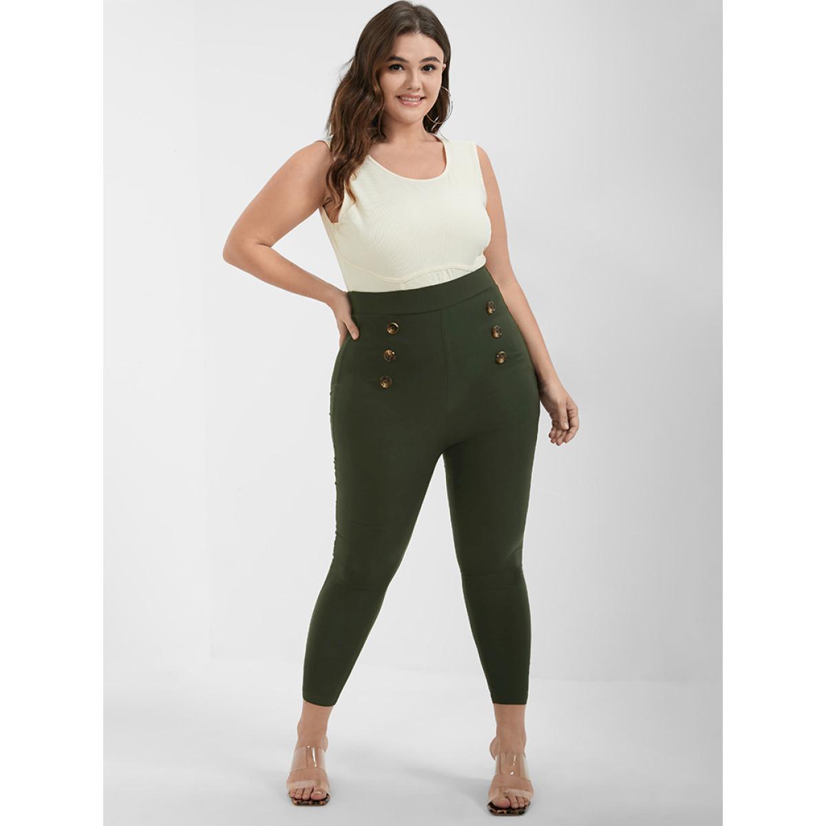 Plus Size Solid Button Skinny Pants Women ArmyGreen Office Skinny High Rise Work Pants BloomChic 14-16/1X Product Image