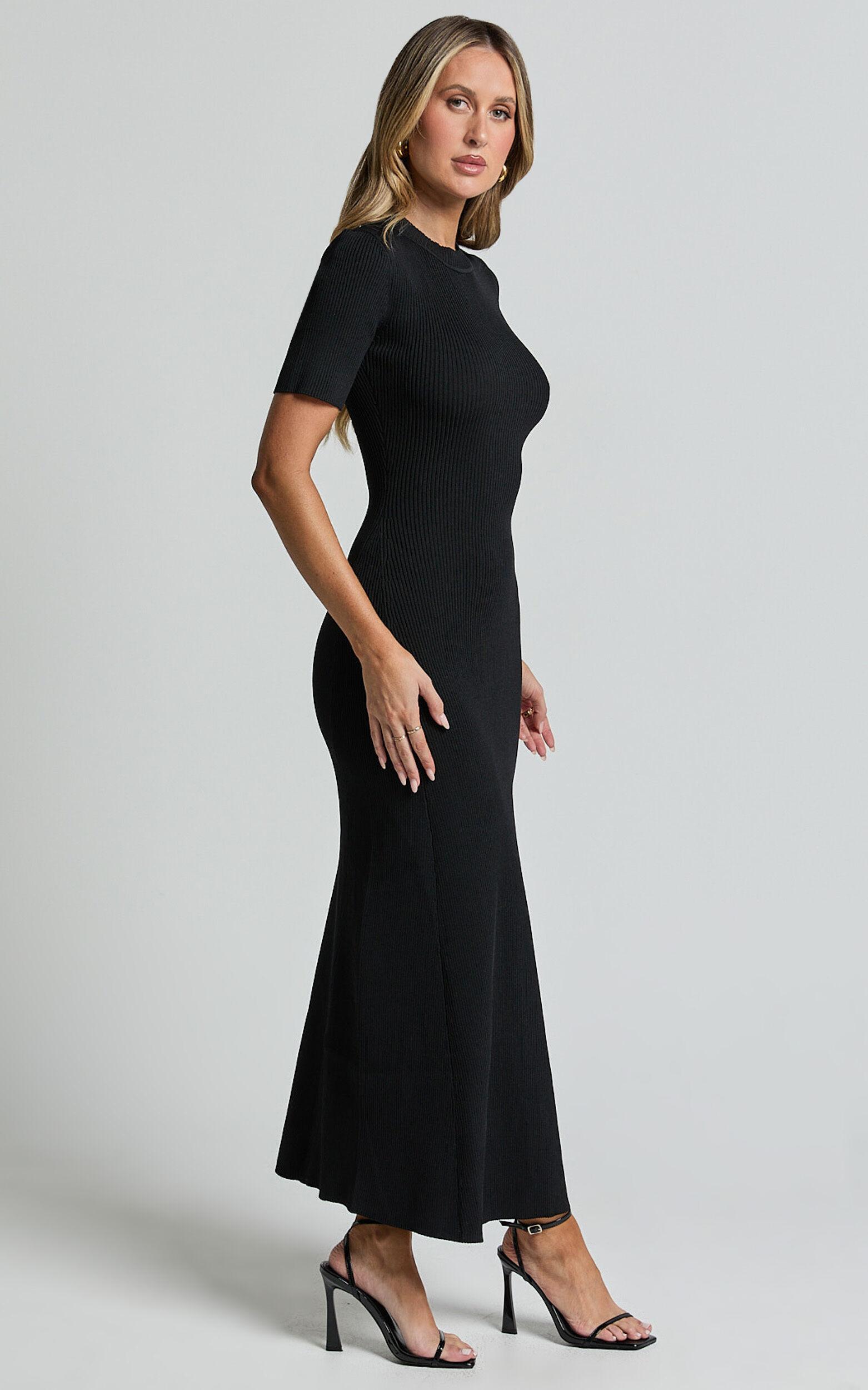 Lanie Midi Dress - Knitted Crew Neck Short Sleeve Dress in Black Product Image