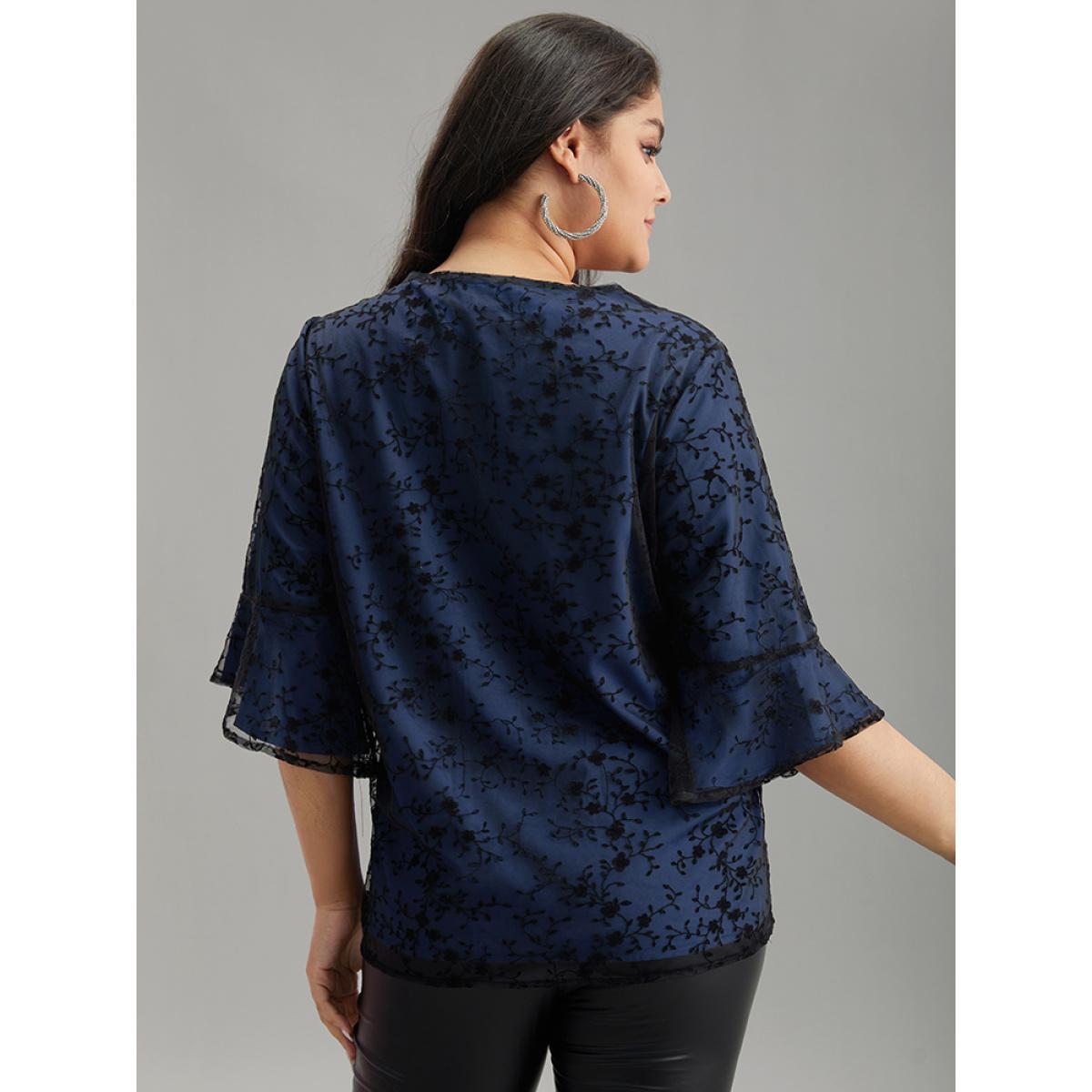 Plus Size DarkBlue Crochet Lace Mesh Bell Sleeve Blouse Women Cocktail Elbow-length sleeve V-neck Party Blouses BloomChic 22-24/3X Product Image